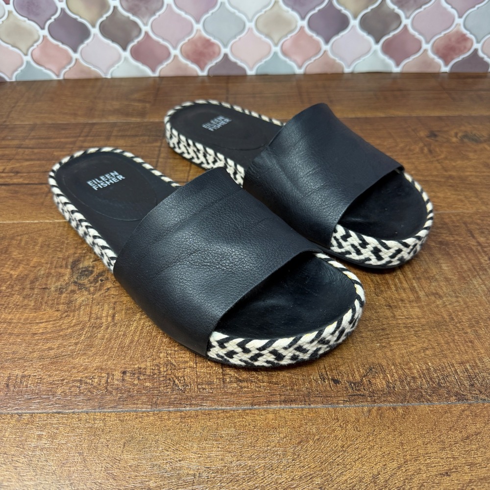Eileen Fisher Pear Black Leather Chevron Woven Espadrille Slide Sandals 7 - Picture 6 of 15